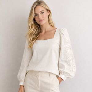 ANN TAYLOR Square Neck Eyelet Puff 3/4 Sleeve Statement Top Cream Women’s Size L